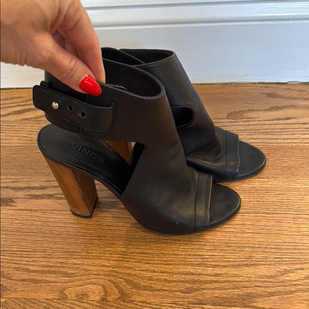 Vince Black Block Heel Peep-Toe Sandals